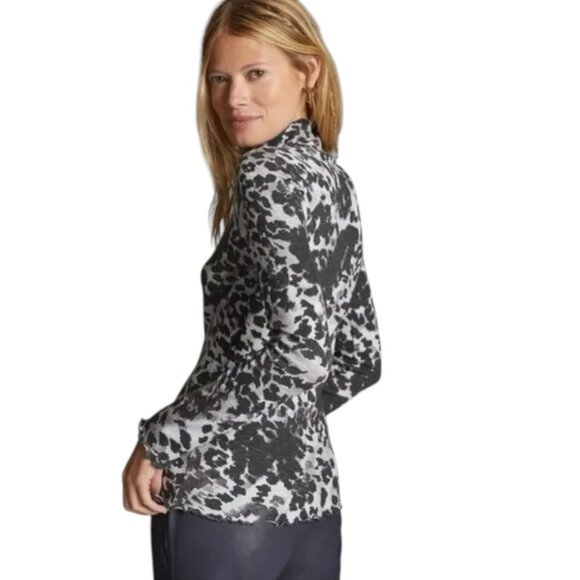 Anthropologie Pilcro Black Gray Leopard Animal Print Lettuce Edge Mock Neck Top - Picture 2 of 11